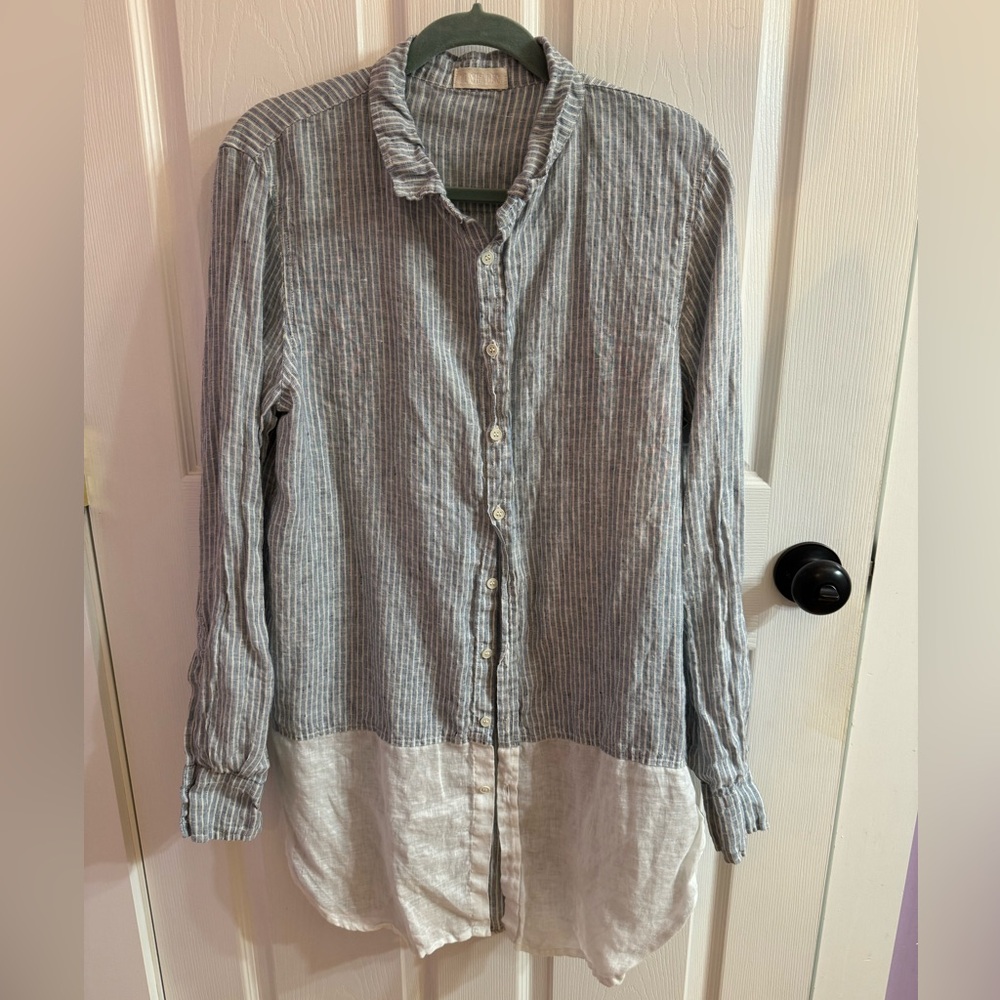 CP SHADES 100% linen long tunic in blue stripe and white detail, rare find